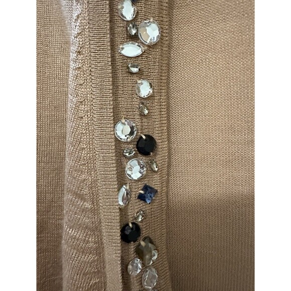 Crémieux Embellished Open Front Cropped Cardigan L Tan Wool Blend Rhinestones - Picture 2 of 10